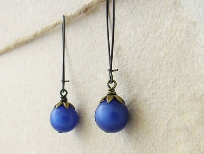 Blueberry earrings: vintage, deep-blue lucite globes on bronze earwires